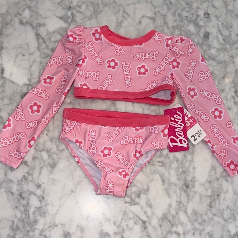NWT Barbie Floral Pink Kids Rashguard Swim Set 3T